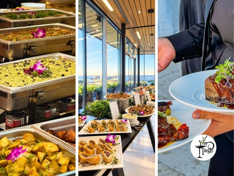 A triple image of service styles including a buffet, stationed food items on white platters and a person in black carrying plates full of food.